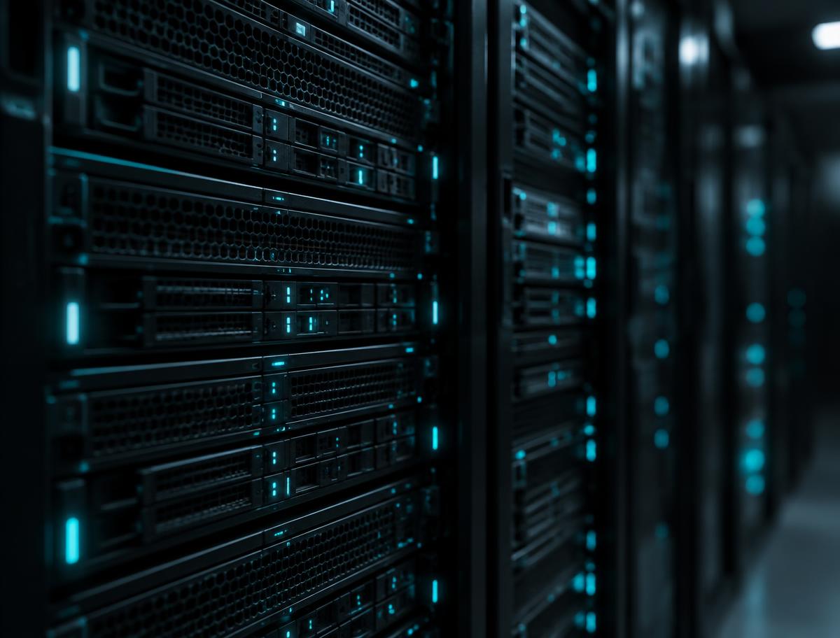 Server racks in a dimly lit data centre
