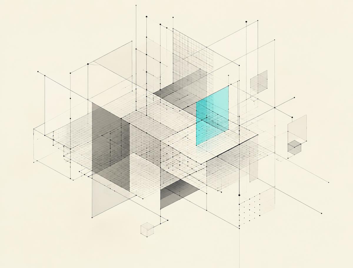 Wireframe illustration of interlocking planes suggesting structure and collaboration