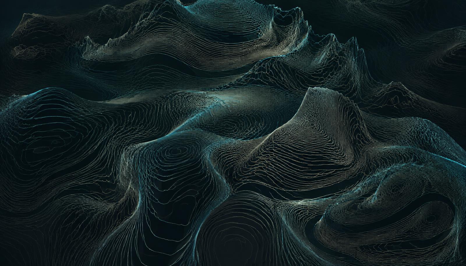Generative contour-line landscape in ivory and cyan on graphite